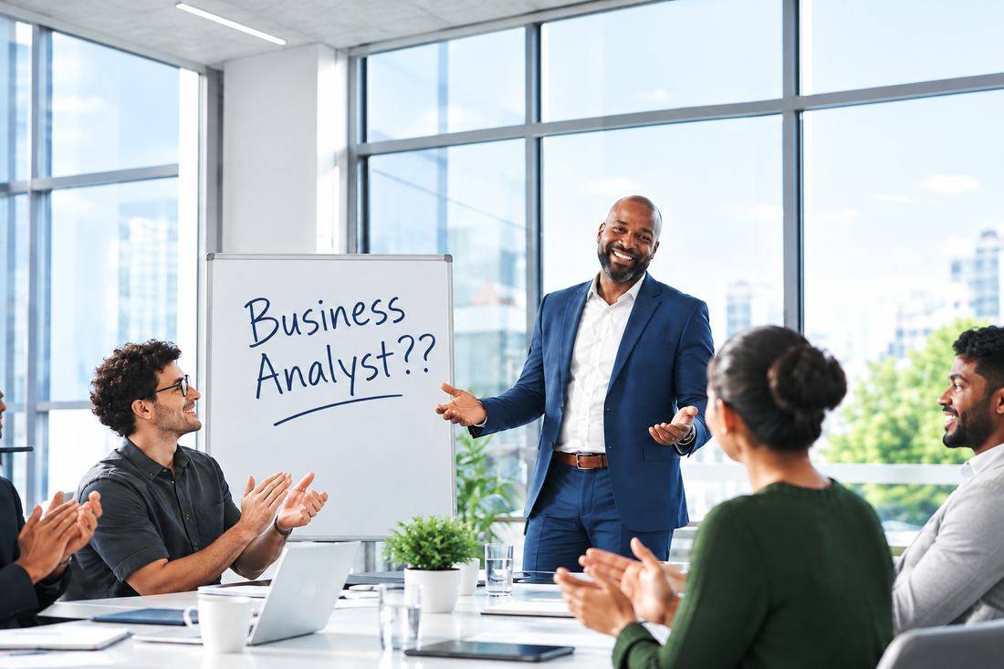 A presenter standing beside a whiteboard that reads Business Analyst?? while his team applaud in a bright modern office